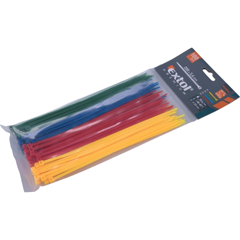 100x pásek stahovací, nylon 3,6x200mm EXTOL Premium barevné