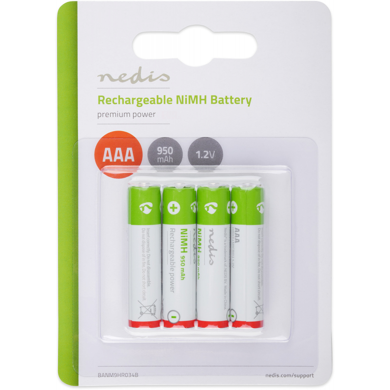 Baterie Nedis nabíjecí NiMH 950mAh, 4ks 1.2V typ AAA (mikrotužka)