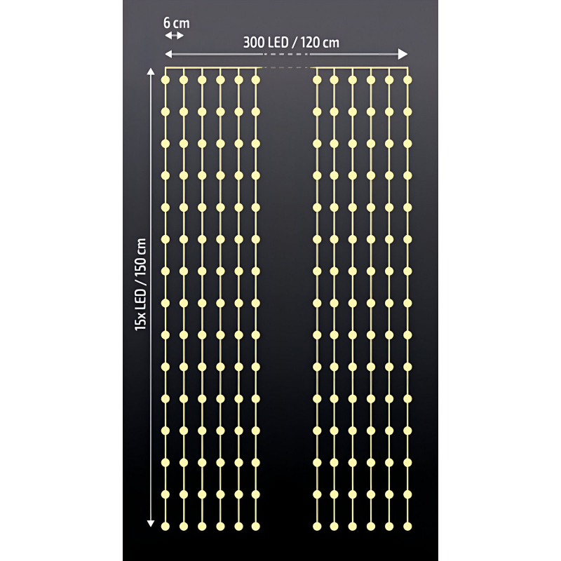 Světelný okenní stříbrný závěs, 300 mini LED, časovač, 8 funkcí, USB