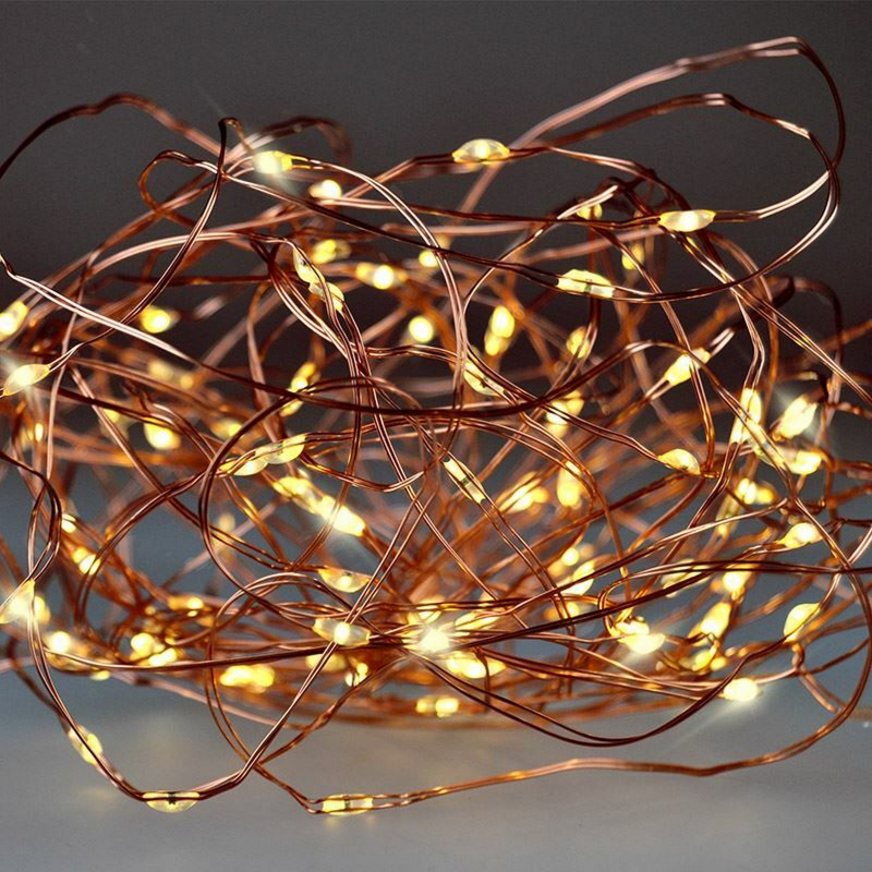 Světelný měděný řetěz, 100 mini LED, 10 m, 3 x AA, teplé světlo