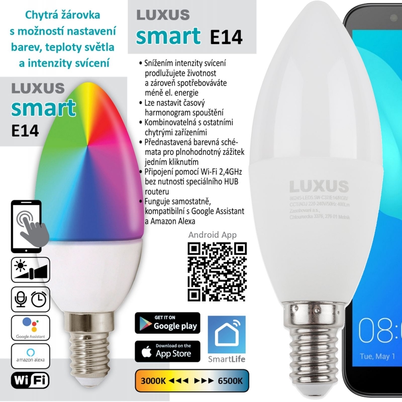 Žárovka chytrá LED Luxus 5,5W, E14, RGB