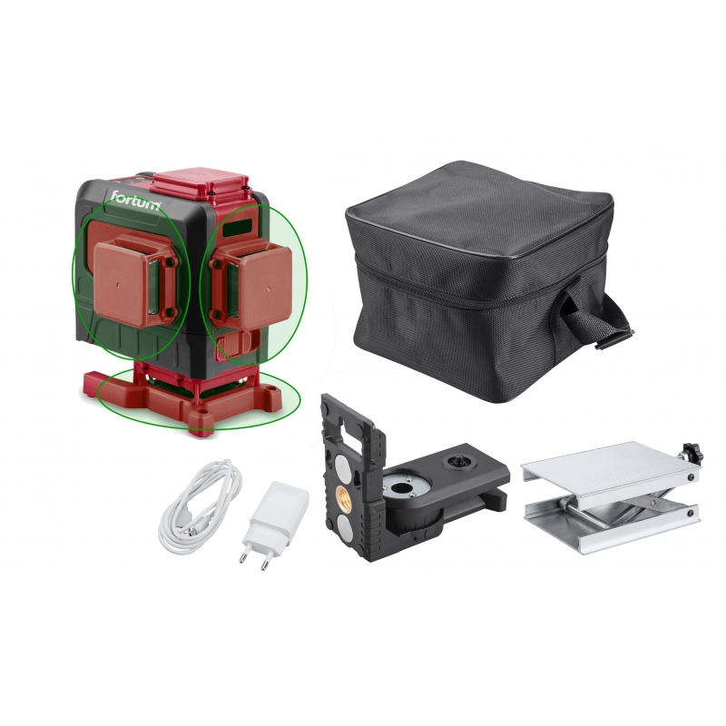 Laser zelený, křížový 3D, nabíjecí FORTUM