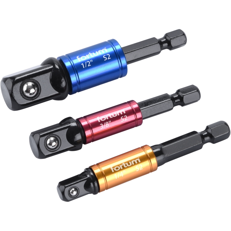 3 adaptéry S2 do vrtačky Fortum 1/4"-3/8"-1/2", otočný úchyt