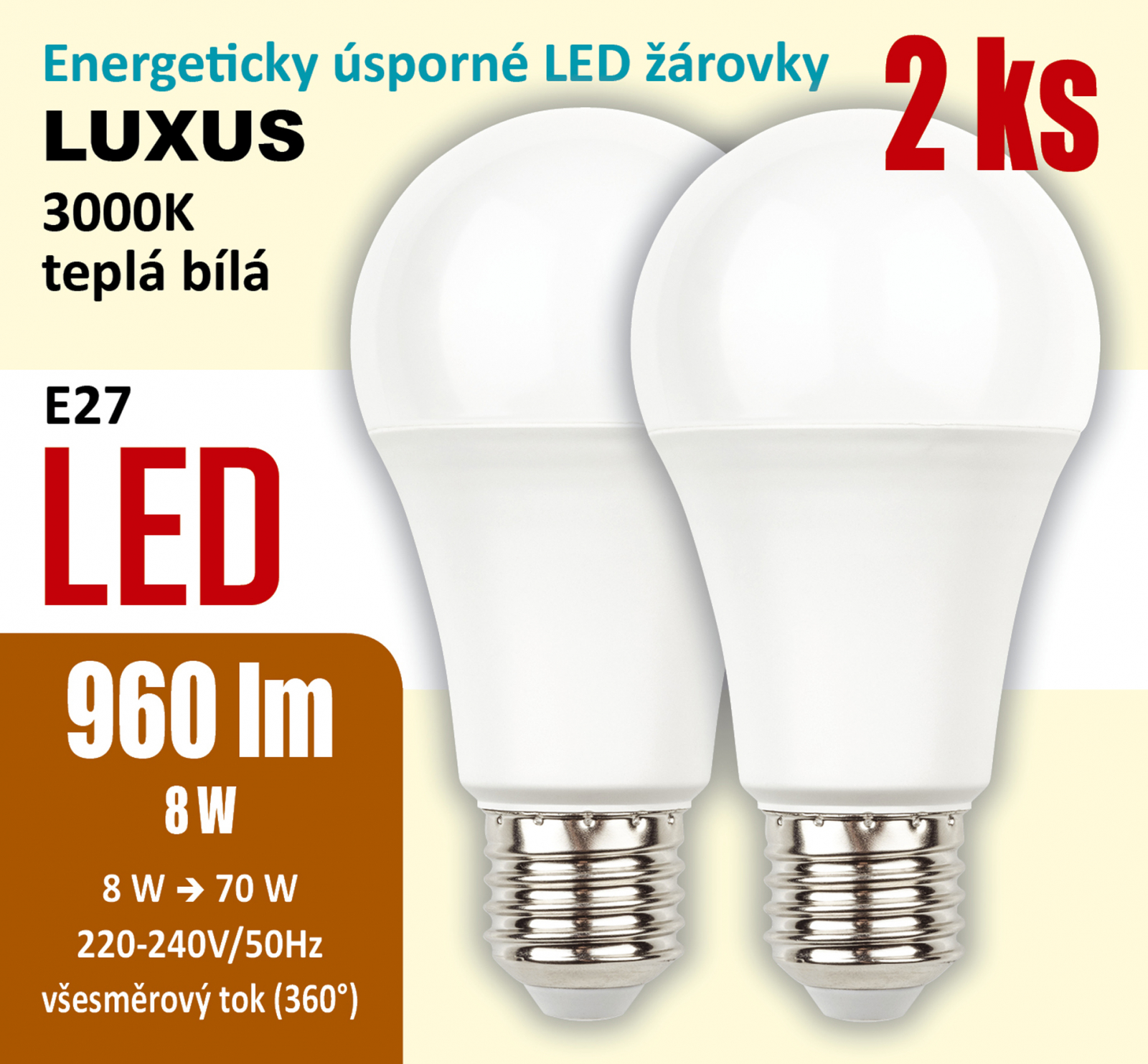 2x žárovka LED Luxus 8W, E27, 3000K, 960lm