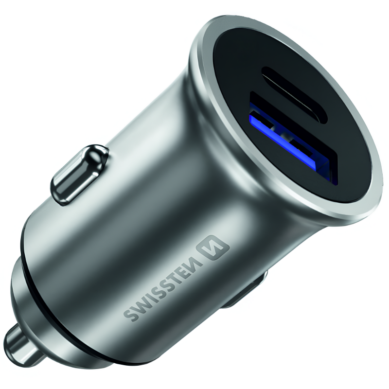 CL adapt�r SWISSTEN 1x USB-C Power Delivery + 1x USB Quick Charge 3.0 36W Metal st��brn�