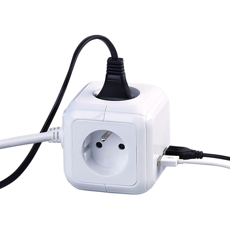 Rozbo�ka "kostka" 4x10A, 2xUSB-A, 2 m, dr��k, b�l�