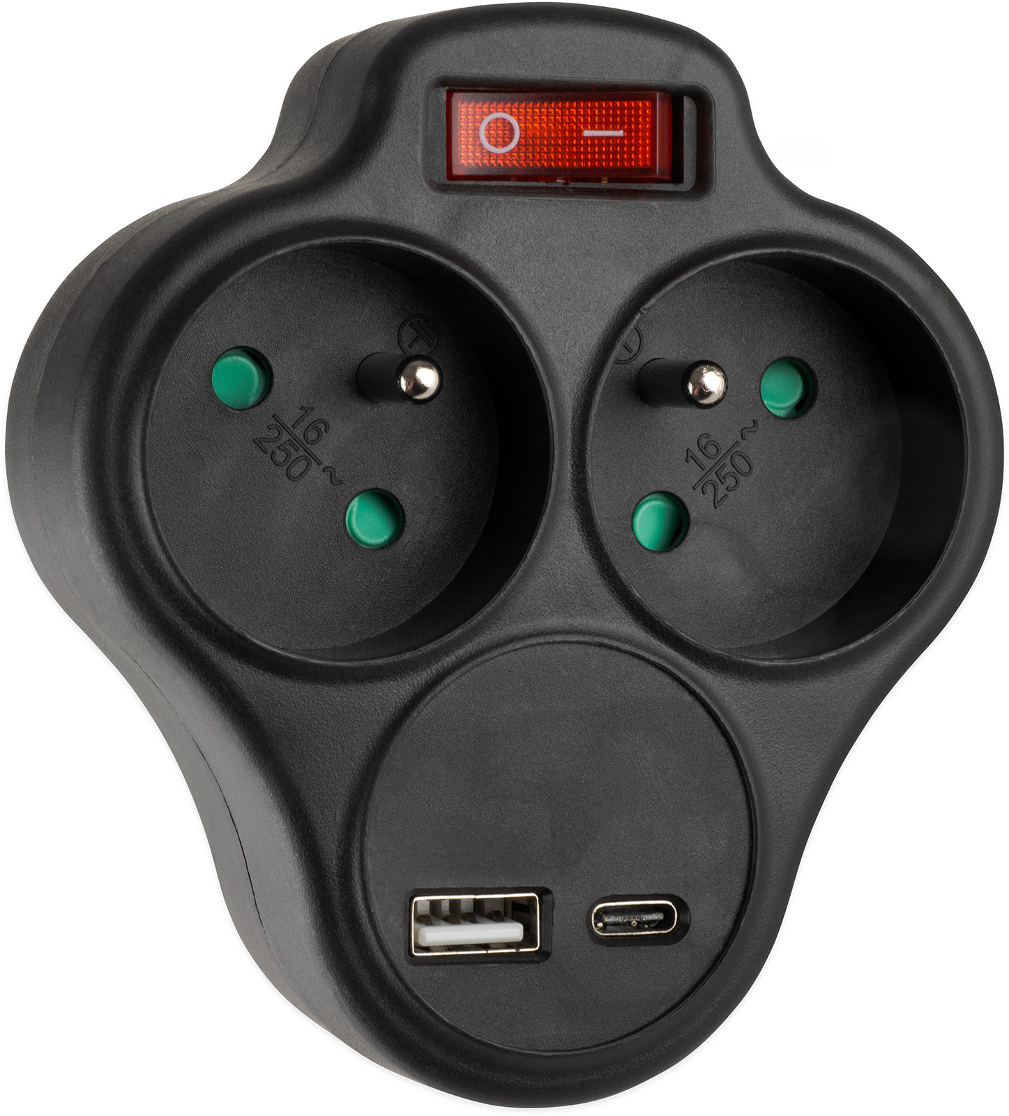 Rozbočka s nabíječkou 16A/230V, USB-C/A vypínač, černá "V"
