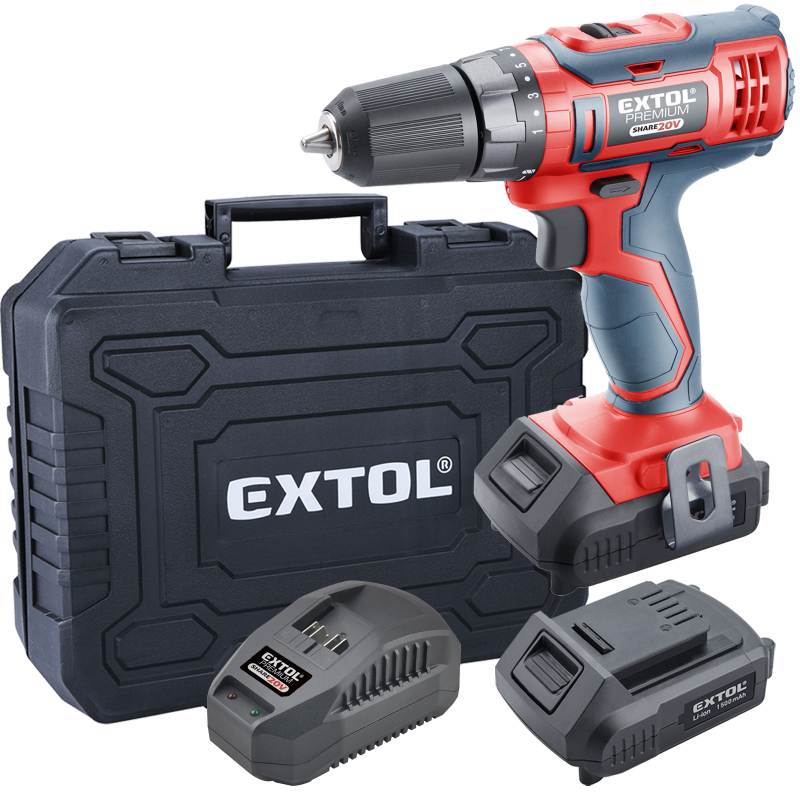 Vrtačka aku EXTOL Premium SHARE 20V 2x Li-Ion 1,5 Ah