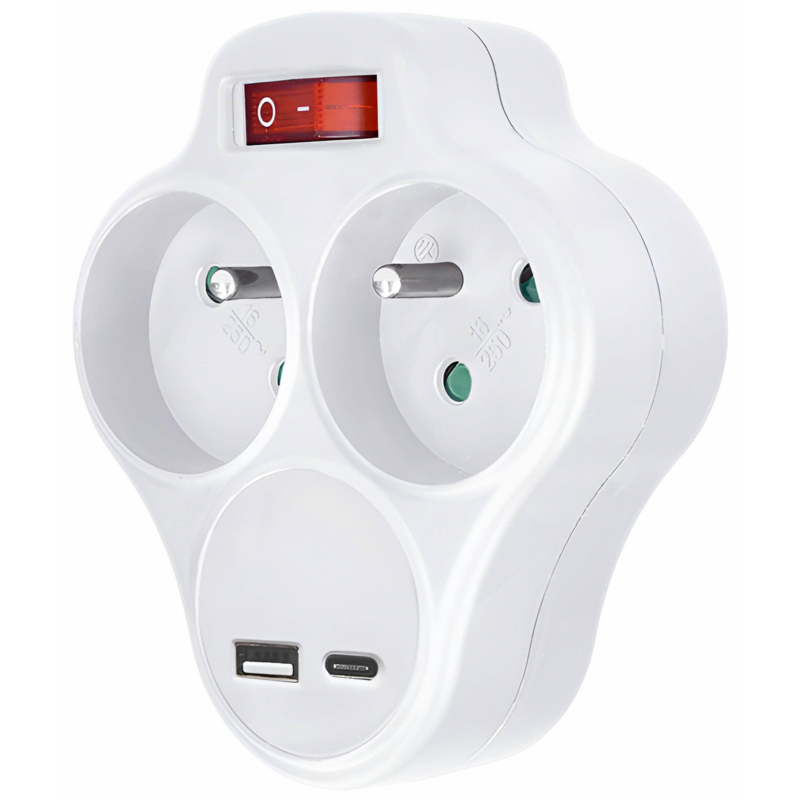 Rozbočka s rychlonabíječkou 20W PD, 2x10A, USB-C/A, vypínač, bílá