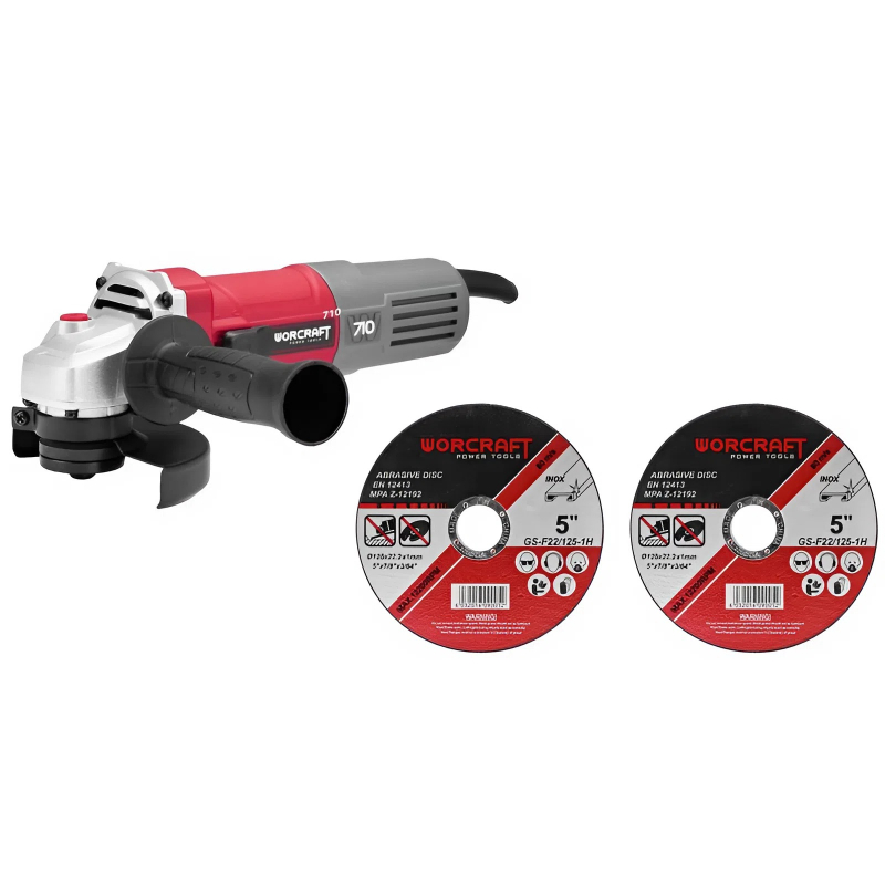Bruska �hlov� 125mm, 710W v�. 2ks �ezn�ch kotou�� Worcraft