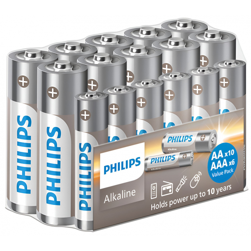 16x alkalická baterie Philips 10ks AA, 6ks AAA