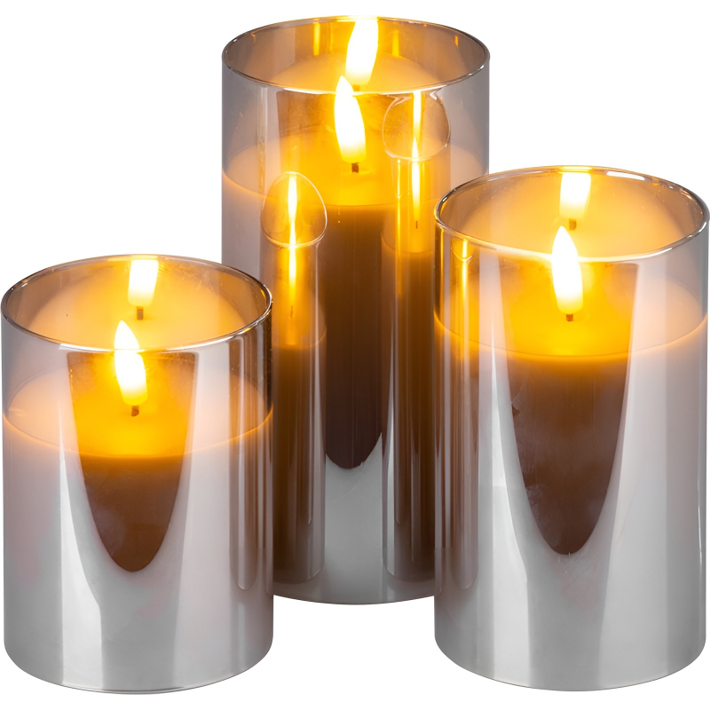 3x skleněná LED svíce, pravý vosk, imitace plamene
