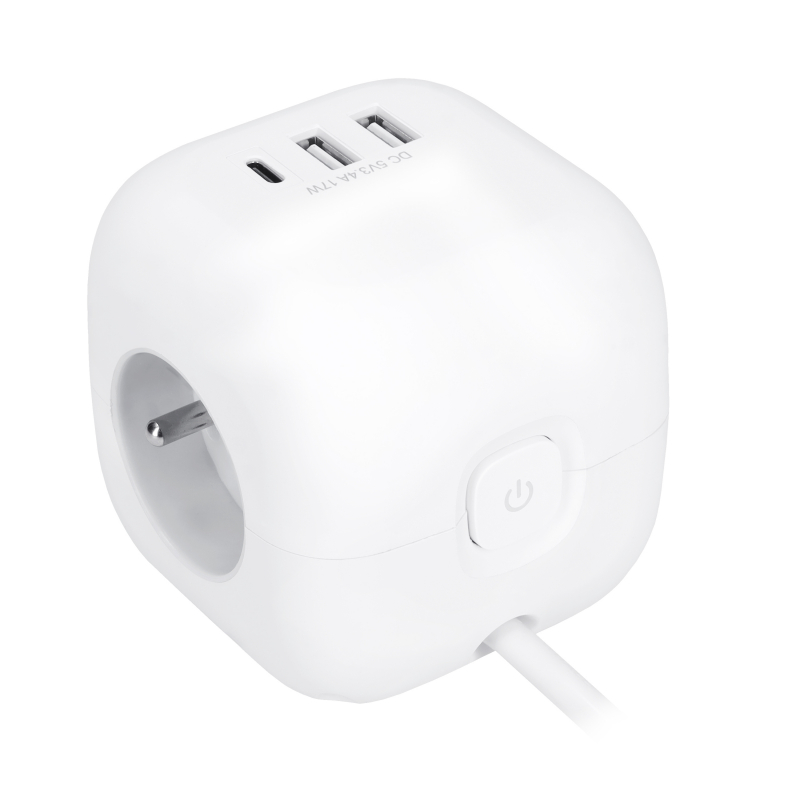 Prodlužovák 16A/2m, 3x230V, USB-C, 2xUSB-A "kostka" bílá