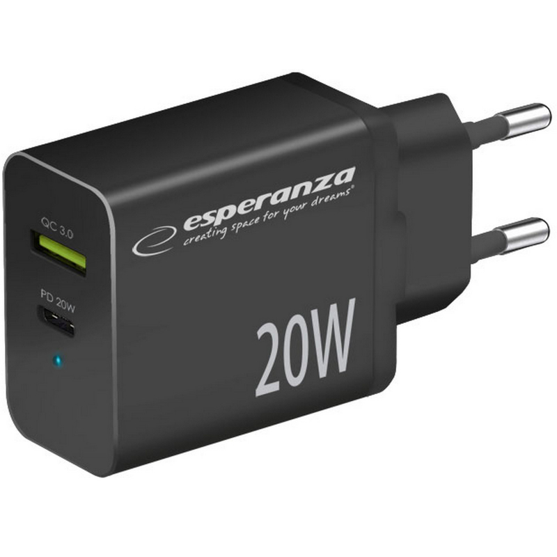 Nabíječka Esperanza USB A+C, 3A 20W, rychlé nabíjení černá