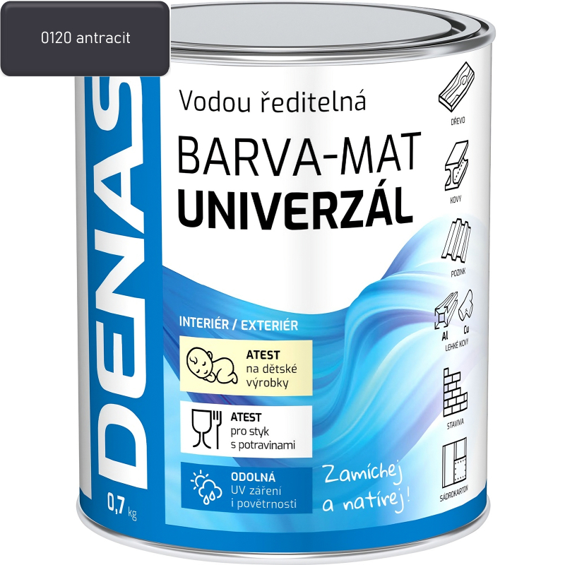 Barva 0,7kg univerzál dřevo/kov/beton DENAS 0120 antracit MAT