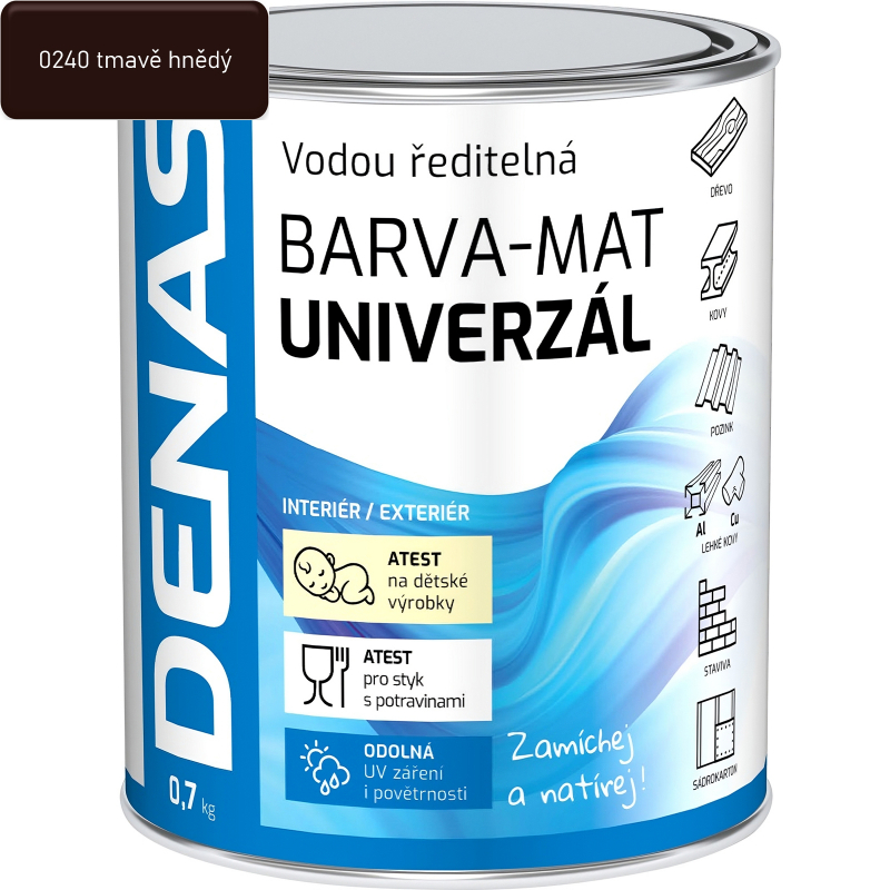Barva 0,7kg univerzál dřevo/kov/beton DENAS 0240 hnědá tmavá MAT