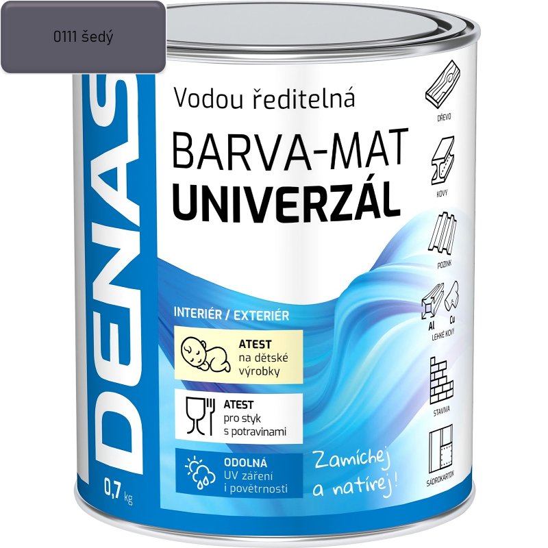 Barva 0,7kg univerzál dřevo/kov/beton DENAS 0111 šedá MAT