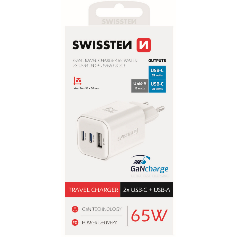 Nabíječka SWISSTEN 2x USB-C 65W PD + 1x USB-A 18W QC, GaN, bílá