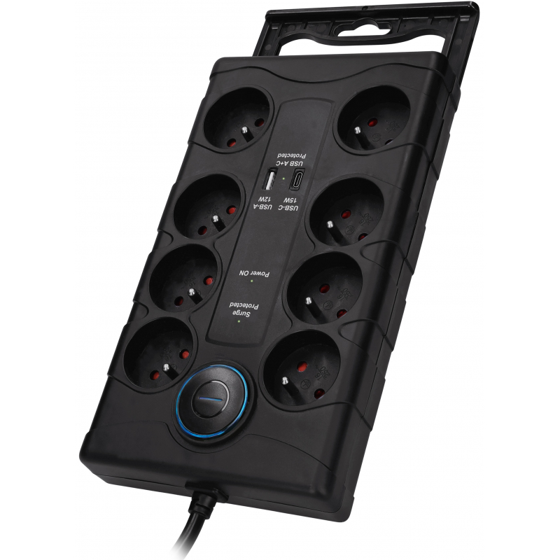 Přepěťová ochrana 8zás/16A/2m,17W nabíječka USB-C/A černá