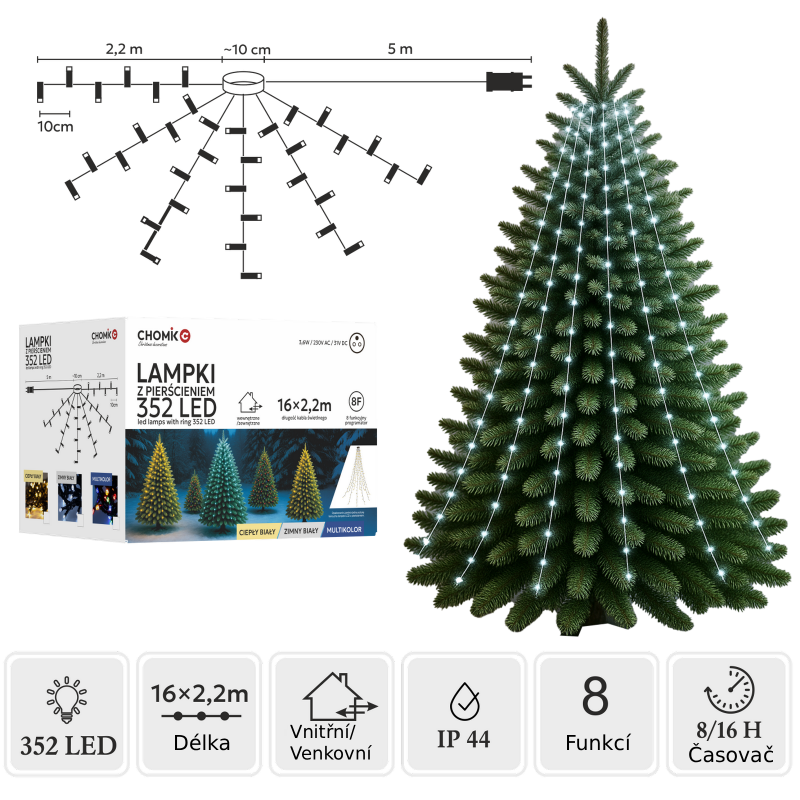 Světelný hvězdicový řetěz 352 LED, 16x2,2m, studené světlo