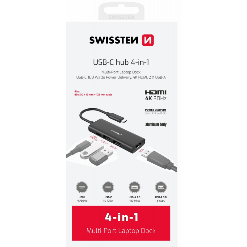 Hub SWISSTEN USB-C 4v1 USB-C 100W/HDMI 4K/2x USB-A hliníkový
