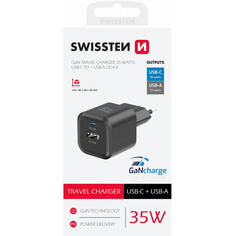 Nabíječka SWISSTEN 1x USB-C 35W PD / 1x USB-A 27W QC GaN černá