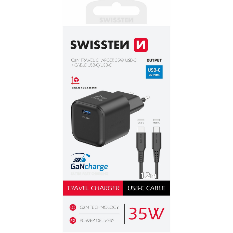 Nabíječka SWISSTEN 1xUSB-C 35W PD GaN, kabel USB-C/USB-C 1,2 m černá