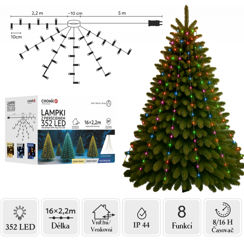 Světelný hvězdicový řetěz 352 LED, 16x2,2m, barevný, 8 funkcí, časovač 8/16h, IP44