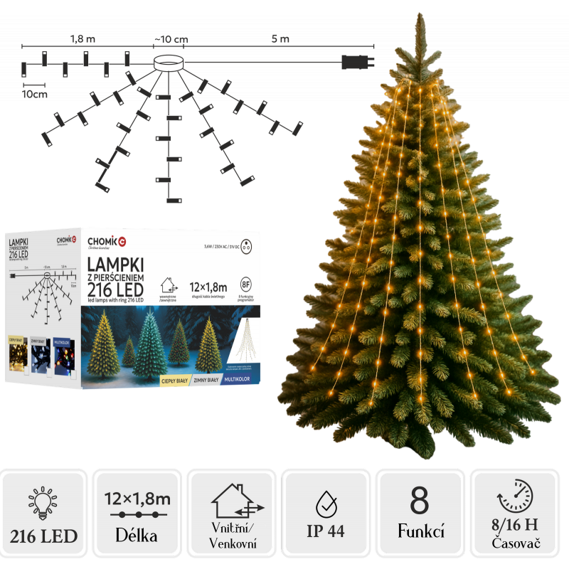 Světelný hvězdicový řetěz 216 LED, 12x1,8m, teplé světlo