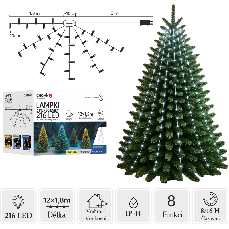Světelný hvězdicový řetěz 216 LED, 12x1,8m, studené světlo