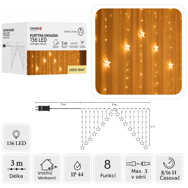 Světelný okenní závěs malé hvězdy 136LED, teplé světlo