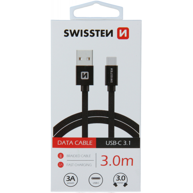 Kabel SWISSTEN USB-A / USB-C 3,0 m textilní černý