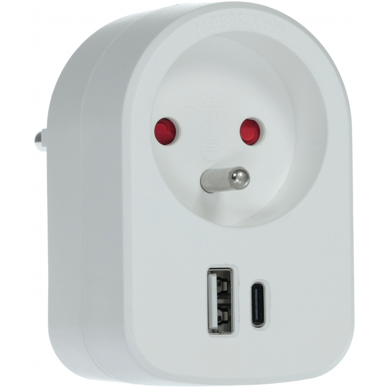 Zásuvka průběžná s USB nabíječkou 16A/230V, USB-C/A bílá