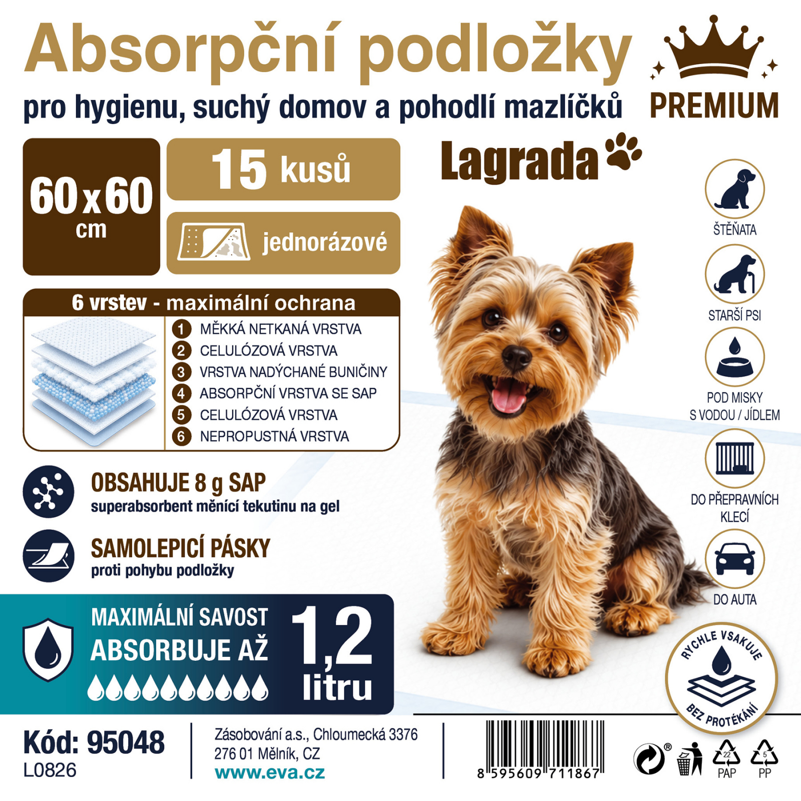 15x podložka absorpční 60x60 cm Lagrada PREMIUM, pro zvířata