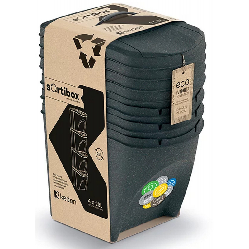 Koš odpadkový Sortibox ECO WOOD na tříděný odpad 3 x 25l recyklovaná černá