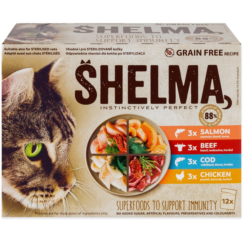 SHELMA kapsi�ky pro ko�ky 12x85 g (2xmaso, 2xryba, om��ka)