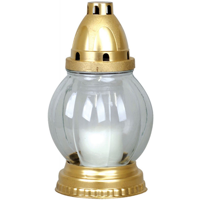 Lampa hřbitovní skleněná čirá se zlatým víčkem 60g, 20cm