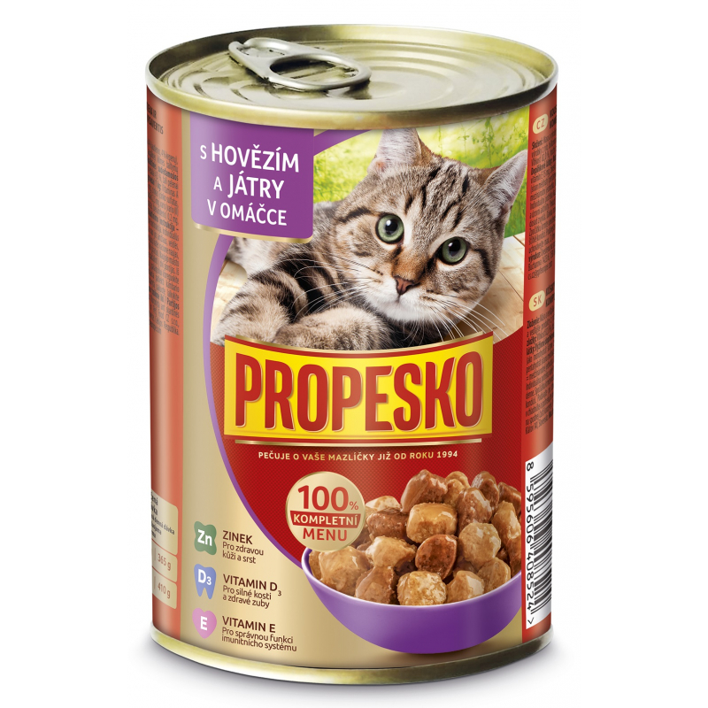 PROPESKO kousky hovězí, játra v omáčce pro kočky 415 g