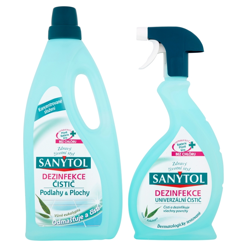 SANYTOL univerzální sprej 500 ml + Podlahy a Plochy 1 l Eukalyptus