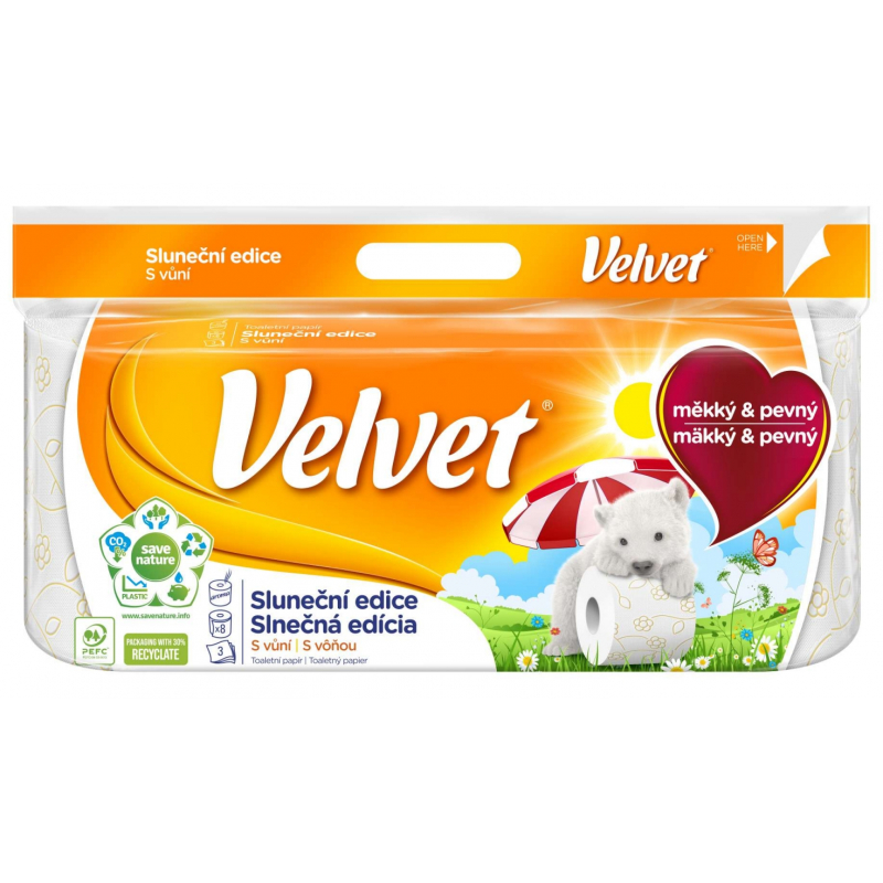 Toaletní papír VELVET Sluneční 3vrstvý 8 rolí, 146 m