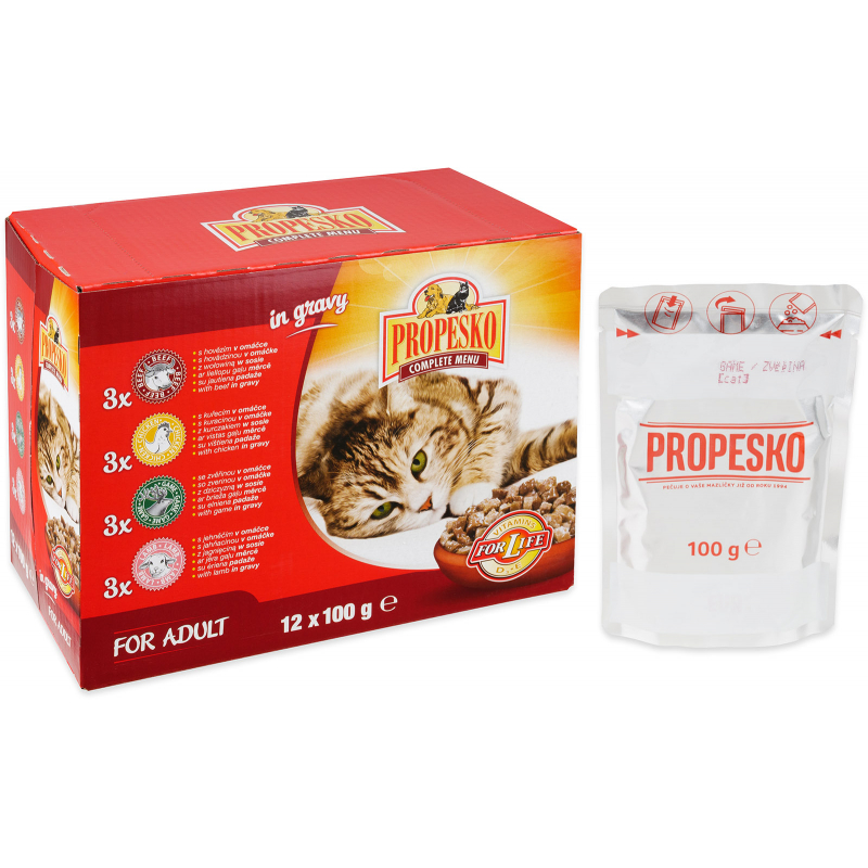PROPESKO kapsičky pro kočky 12x100 g (hovězí, kuřecí, zvěřina, jehněčí)