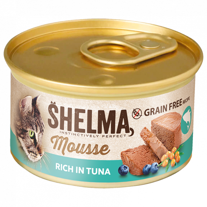 SHELMA kočka konzerva tuňák, borůvky, rakytník 85 g