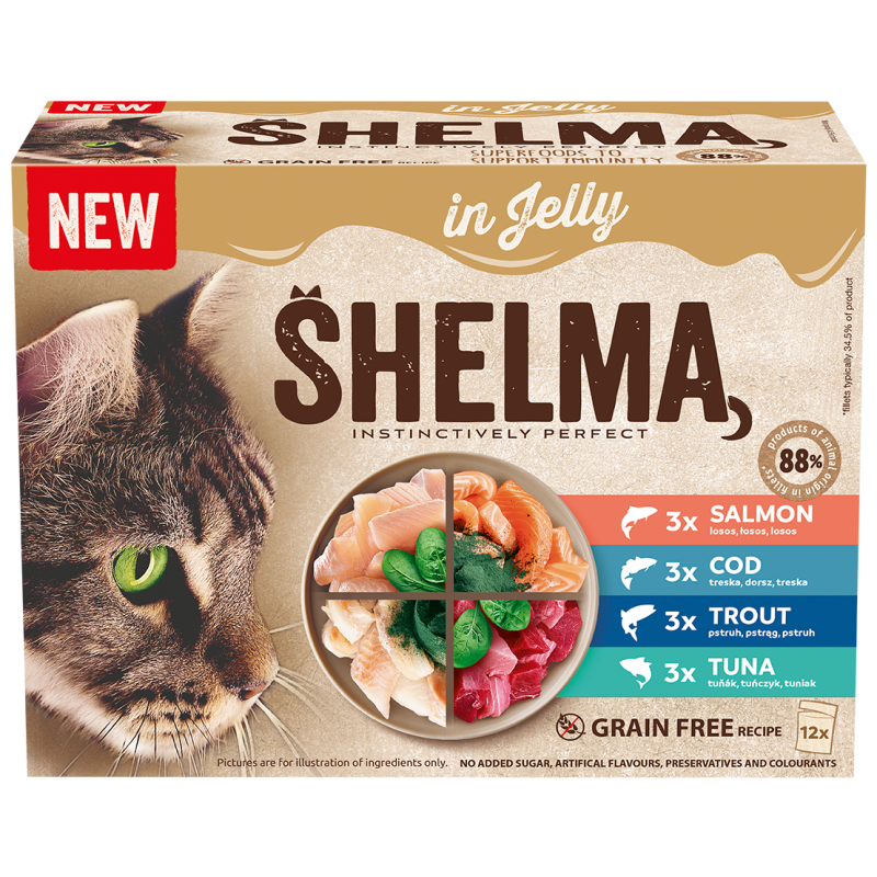 SHELMA kapsičky pro kočky 12x85 g (mix ryb, želé)