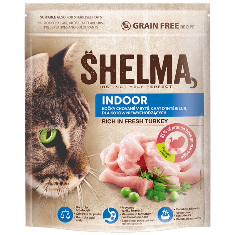 SHELMA bezobilné INDOOR granule s krůtím pro dospělé kočky 750 g