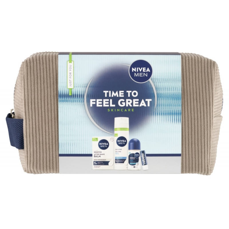 Kazeta NIVEA MEN Feel Great taštička /gel na hol.+balzám+roll on+Labello/