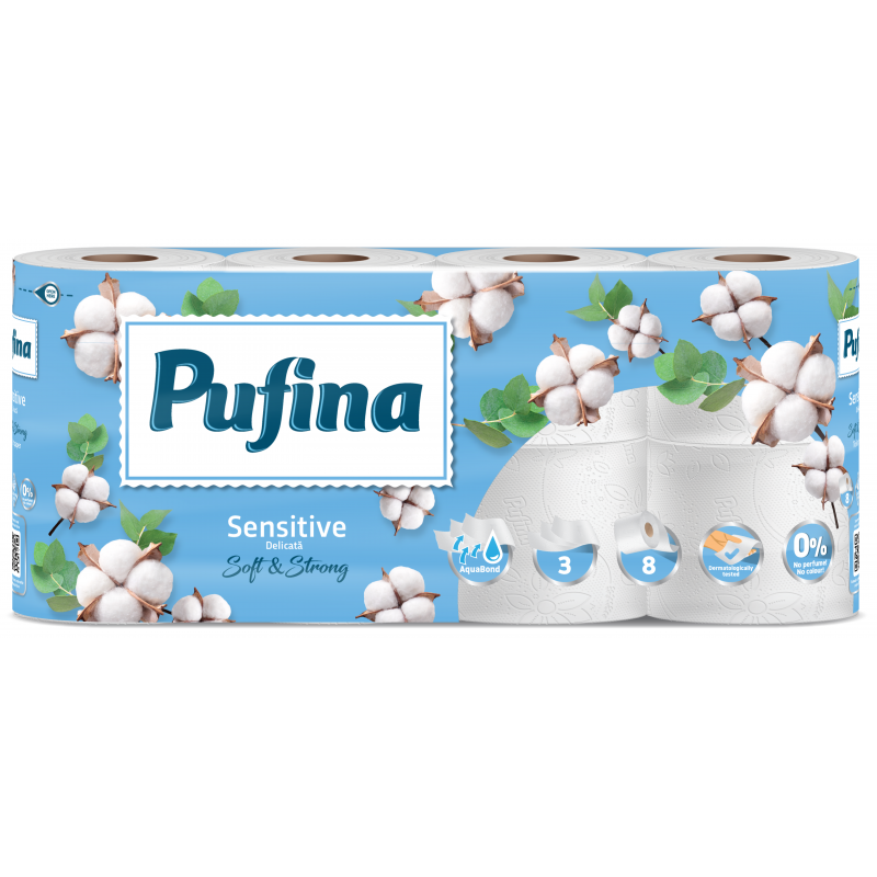 Toaletní papír Pufina Sensitive Aquabond 3vrstvý 8 rolí, 151,2 m