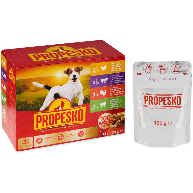 PROPESKO kapsi�ky pro psy 12x100 g (ku�e,hov�z�,kr�ta,jehn�)