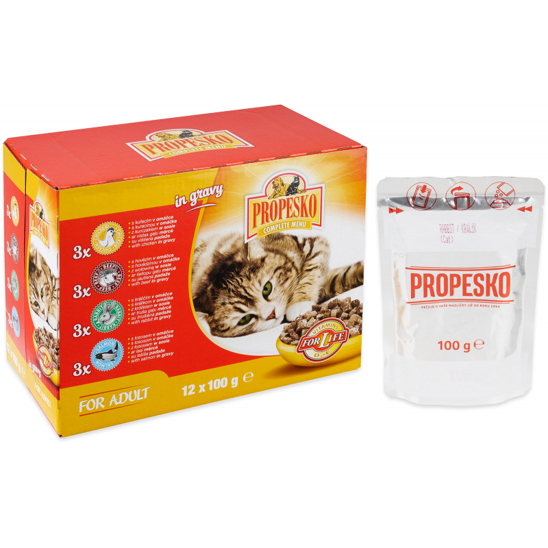 PROPESKO kapsičky pro kočky 12x100 g (kuřecí, hovězí, králičí, losos)