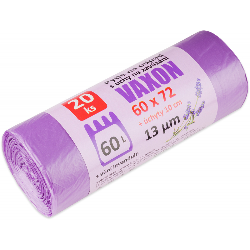Pytle na odpad Vaxon 60l, 20ks, 13µm, vázací, fialové, levandule