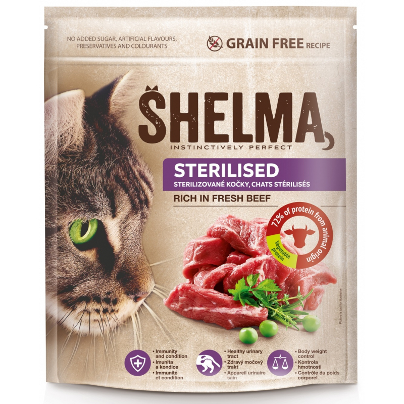 SHELMA bezobilné STERILLE granule s hovězím pro dospělé kočky 750 g